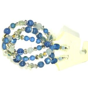 Silver Tone Blue Bracelet & Earrings Set Stackable Beaded Dangle Enamel Color